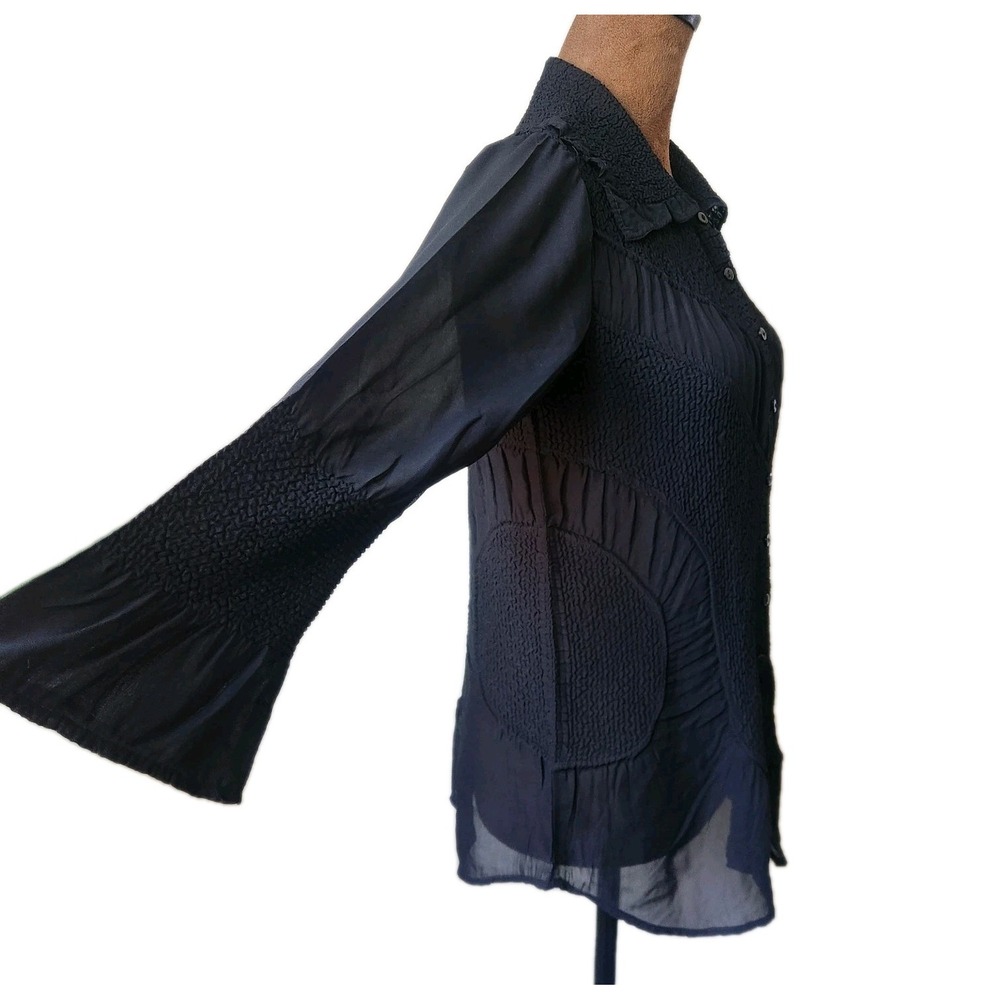 Sioni‎ Black Blouse Size S Collared Textured Sheer Button Up Chic Bell Sleeve